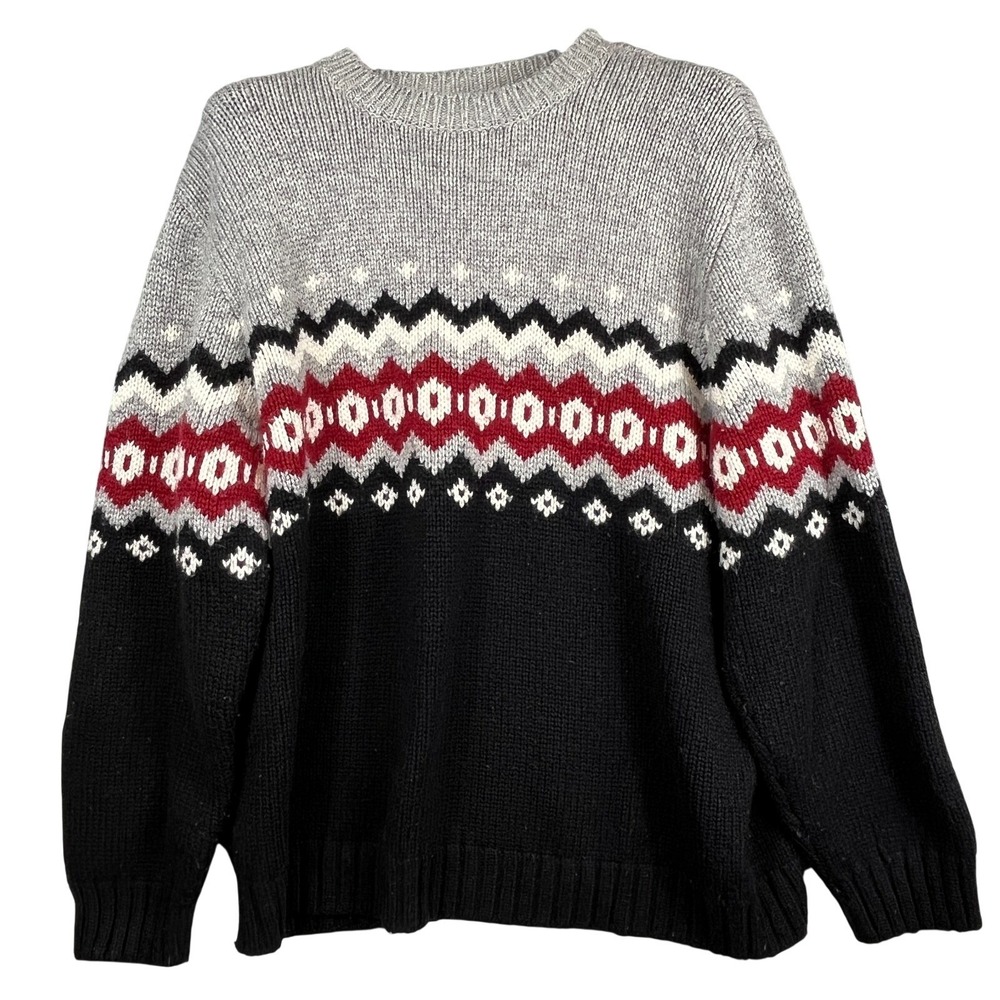 Route 66 Original Mens Fair Isle Knit Sweater XL Gray Navy Burgundy Wool Blend